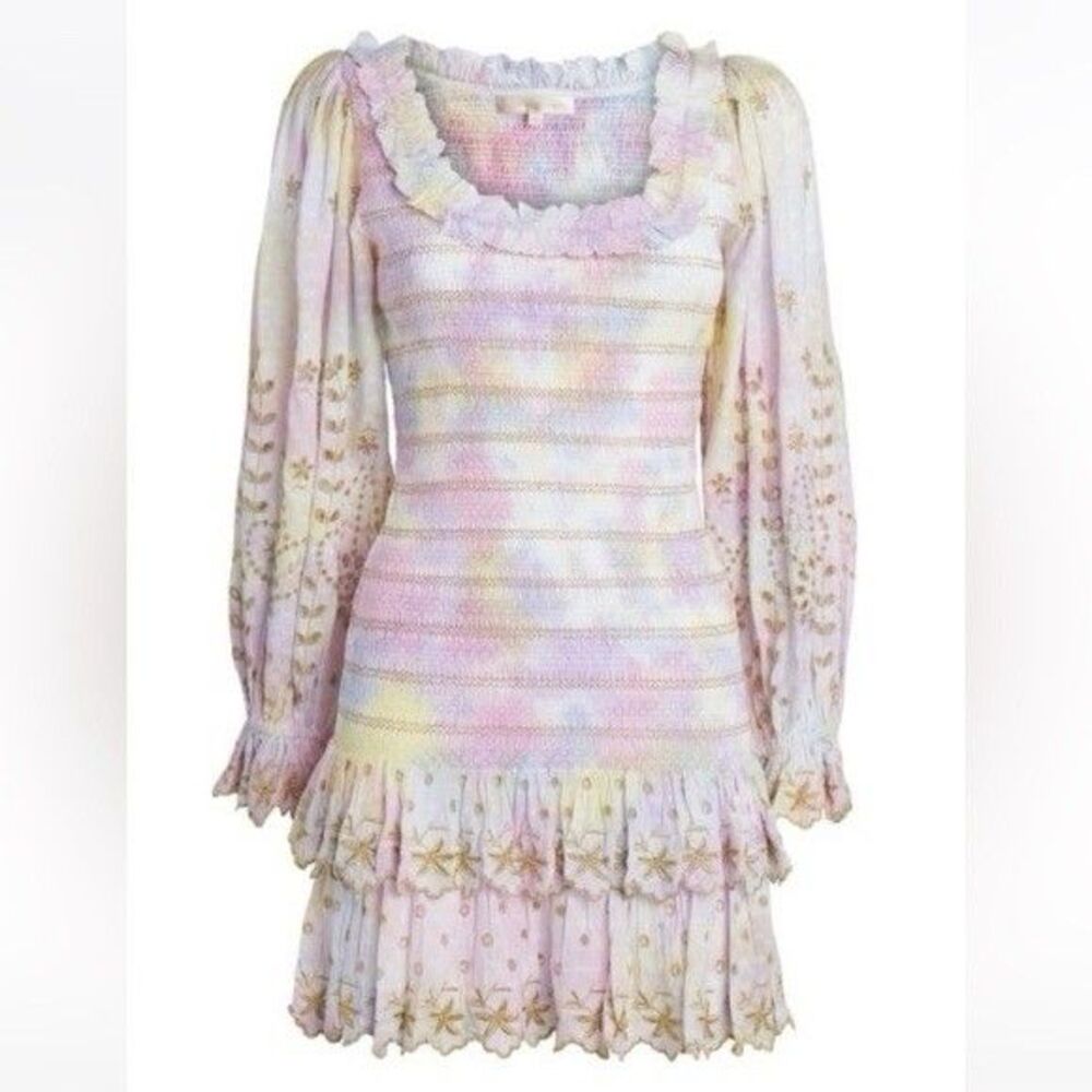 LoveShackFancy Celia Mini Dress Pastel Tie Dye Smocked Embroidered Ruffle Sz M - Picture 2 of 8